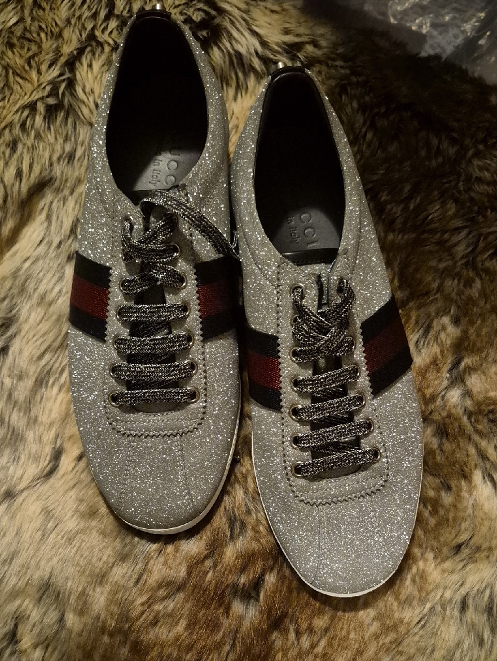 Gucci Silver Glitter Sneakers with Red and Black Web Stripe